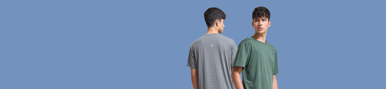Men styled in Infinito’s sweat-proof, lightweight workout tees designed for high-performance comfort and modern athleisure