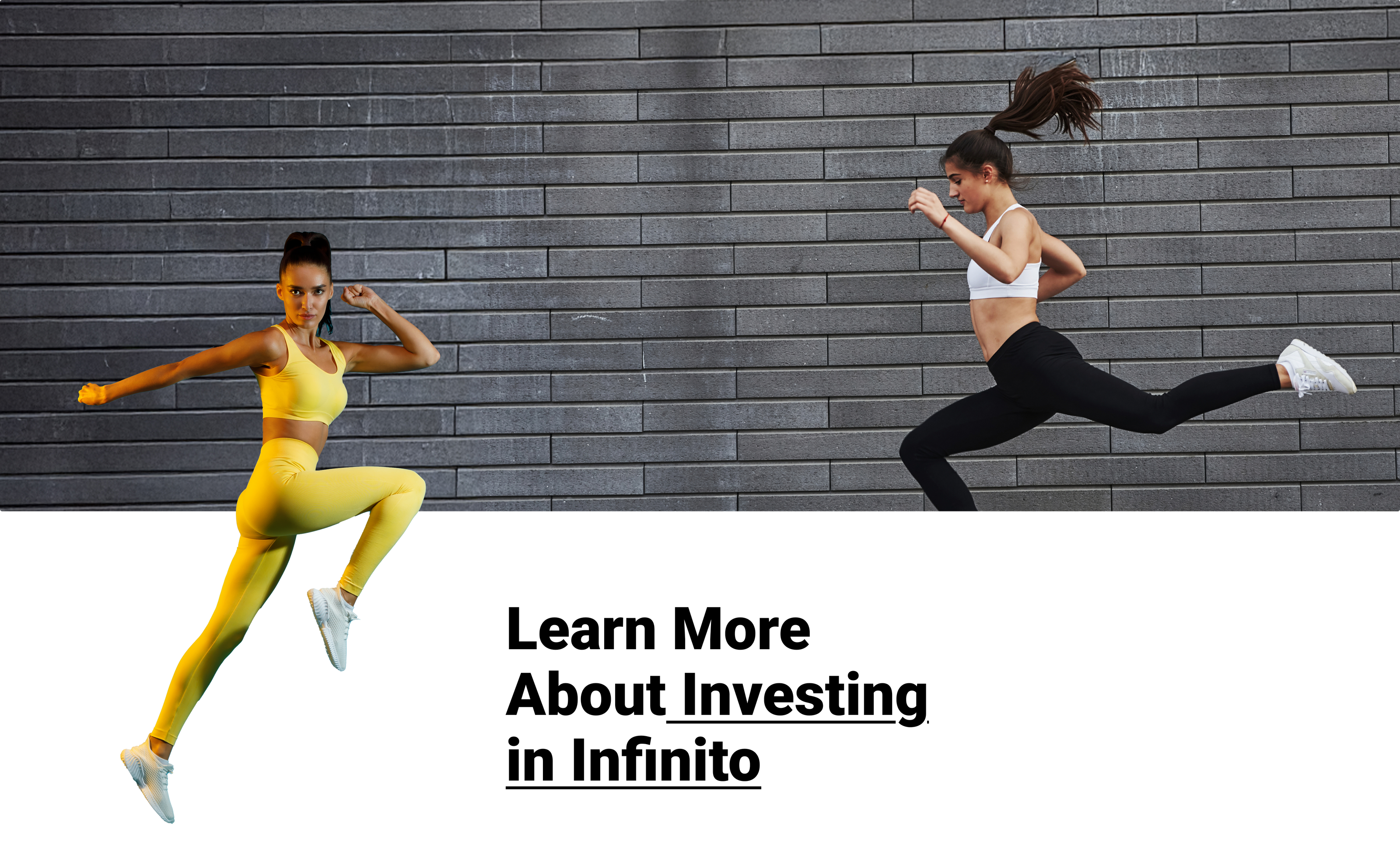 Two athletic women in motion wearing performance activewear (yellow and black sets) leaping across a dark brick wall background, with bold text: “Growth. Innovation. Performance.”